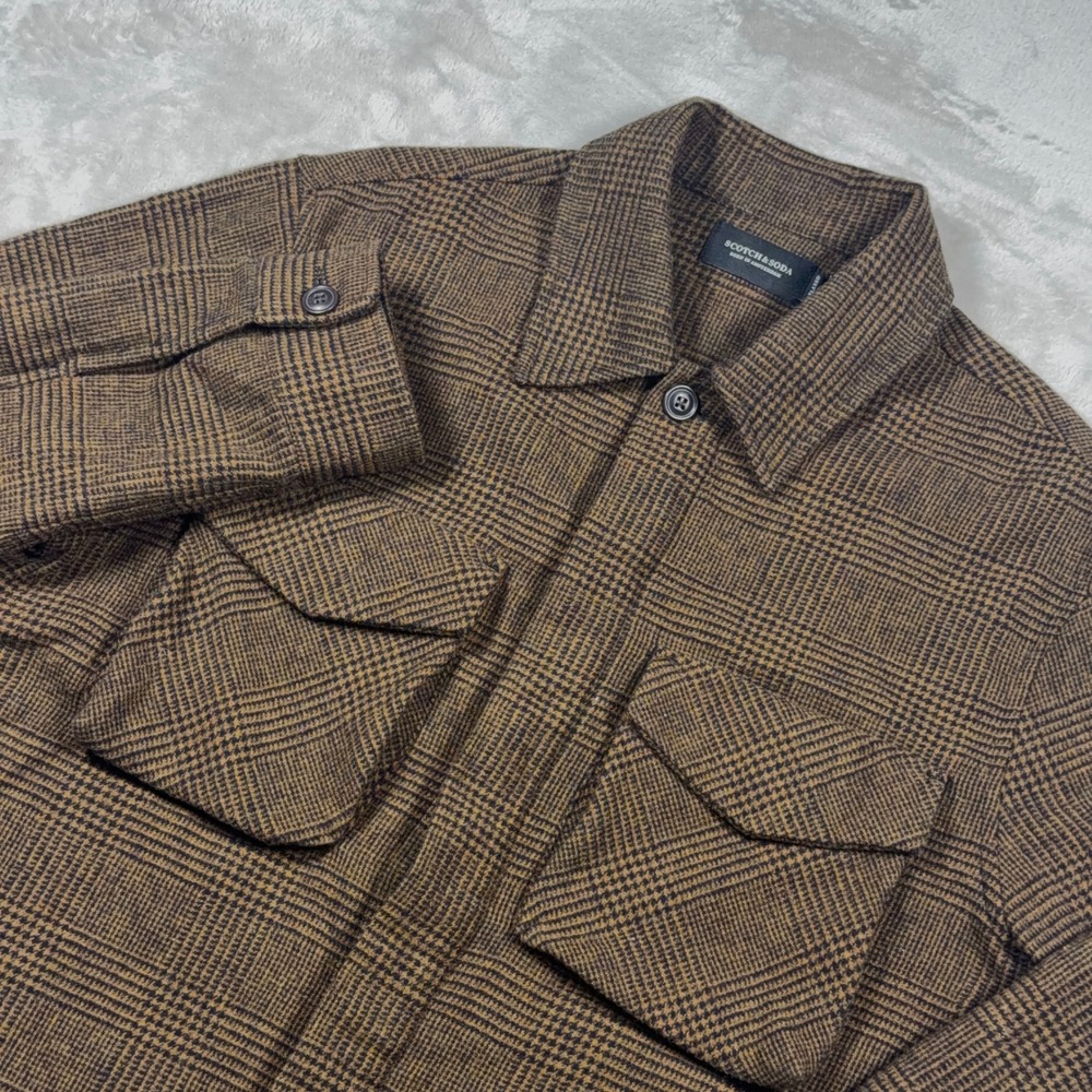 Scotch & Soda Shirt Jacket Mens M Overshirt Brown Plaid Wool Blend Relaxed Fit
